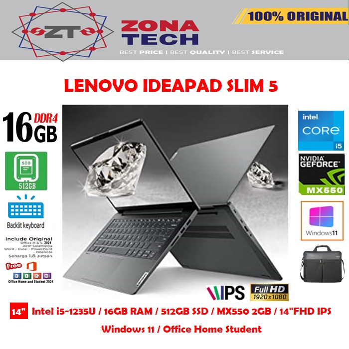 LENOVO IDEAPAD SLIM 5i - i5-1235U - 16GB - 512GB SSD - NVIDIA MX550 2GB - BACKLIT KB - 14&quot;FHD IPS - W11 - OHS
