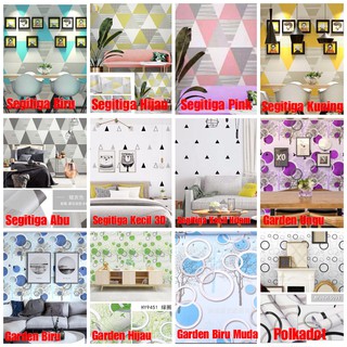 WALLPAPER DINDING 45 cm x 10 M Motif SEGITIGA Polkadot Segi Tiga Biru Hijau Pink Kuning Hitam