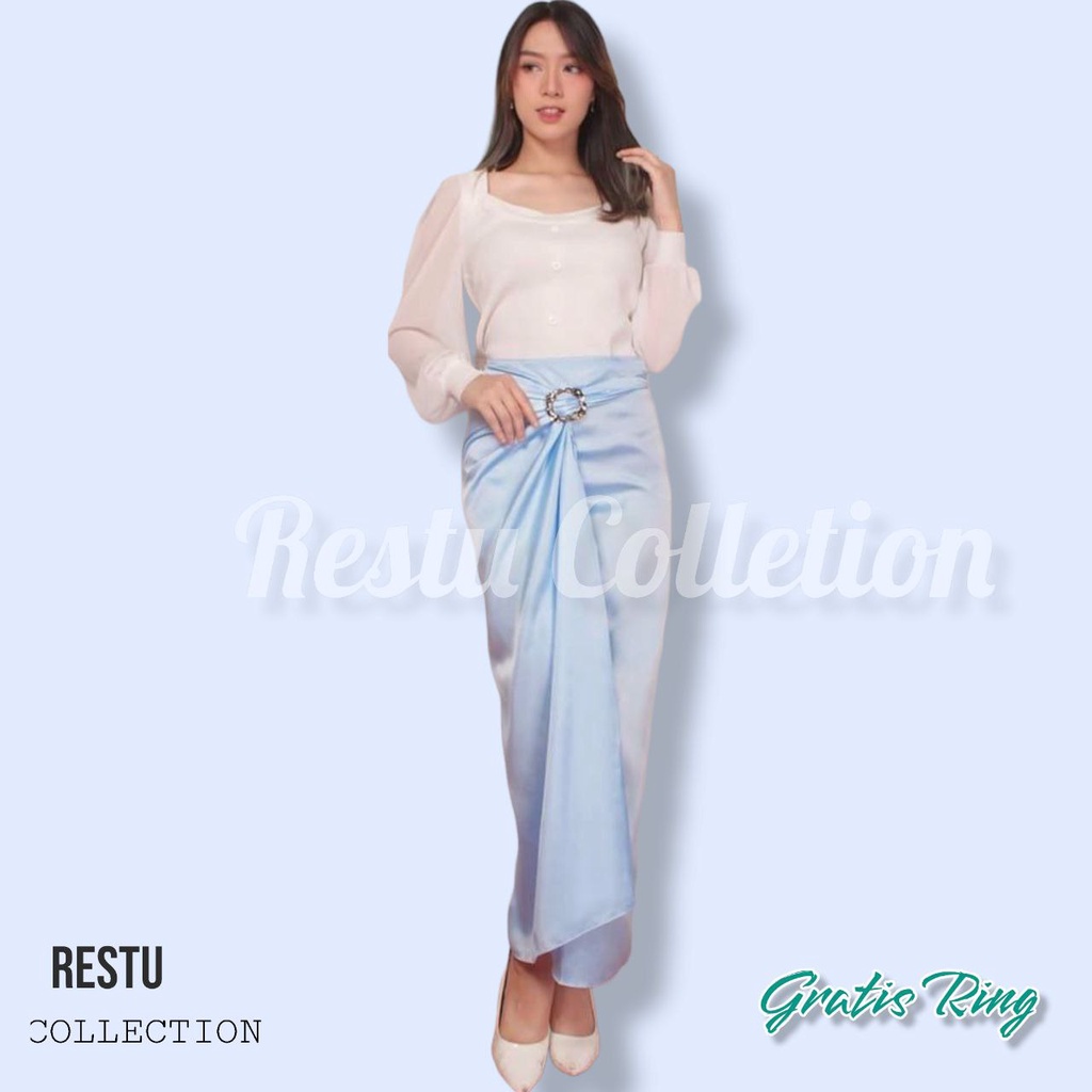 Restu Colletion-Rok Lilit Polos Wanita Bawahan Wanita  kebaya Wisuda Kondangan Tunik Kemeja Wanita Bahan Velvet Satin Premium Gratis Ring Warna BIRU