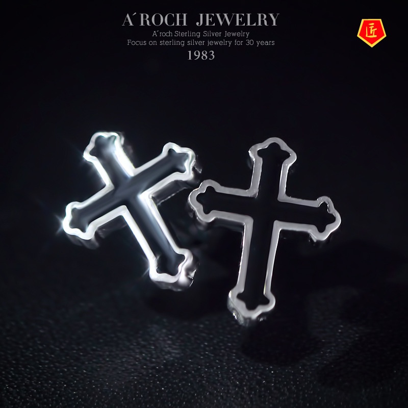 [Ready Stock]Men's Silver Black Cross Stud Earrings