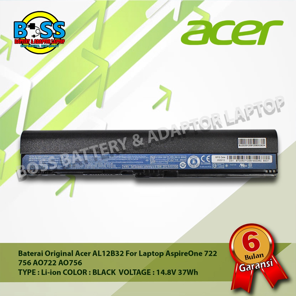 Baterai 100% Original Acer AL12B32 For Laptop AspireOne 722 756 AO722
