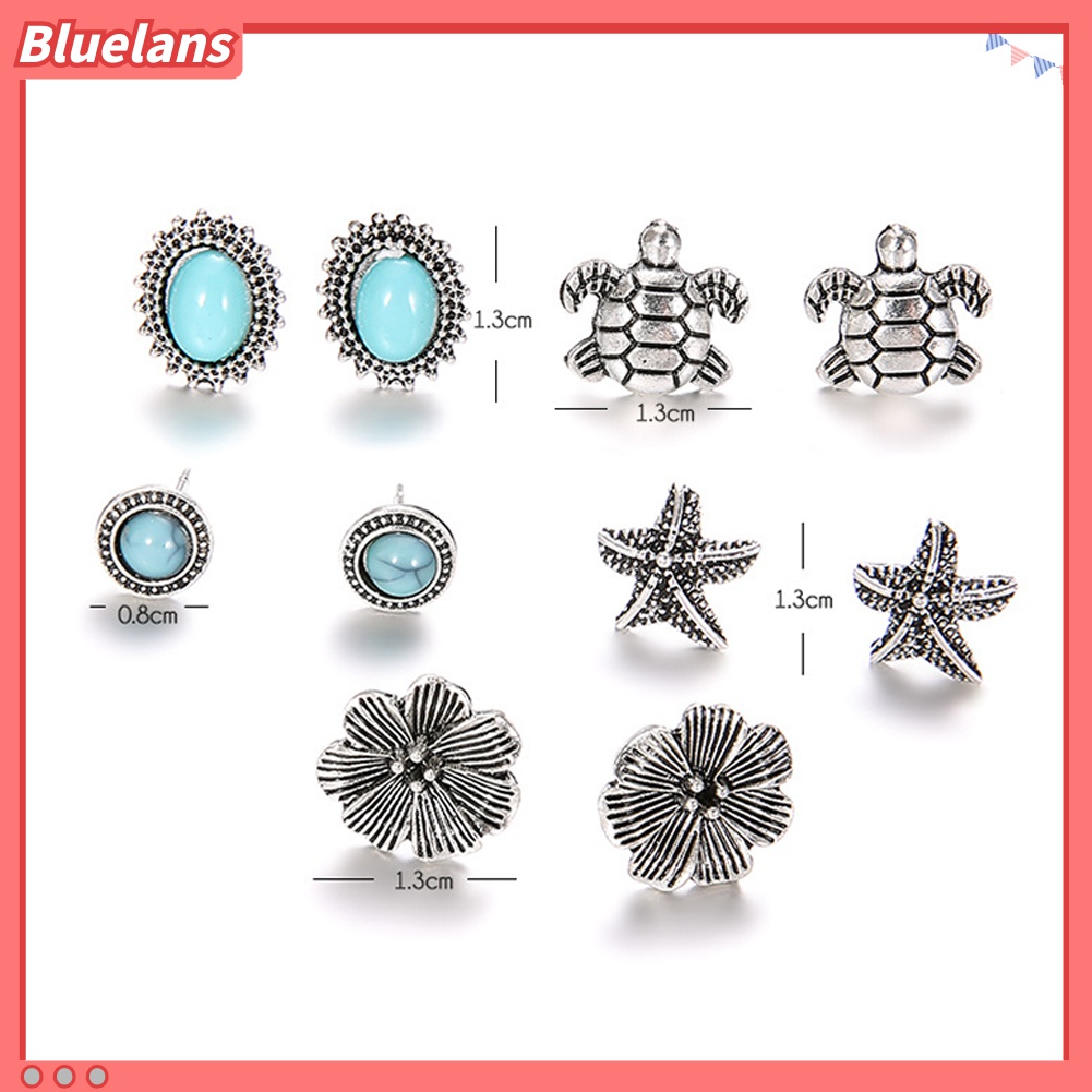 5 Pasang Anting Stud Desain Bintang Laut Kura-Kura Bunga Turquoise Buatan Gaya Boho