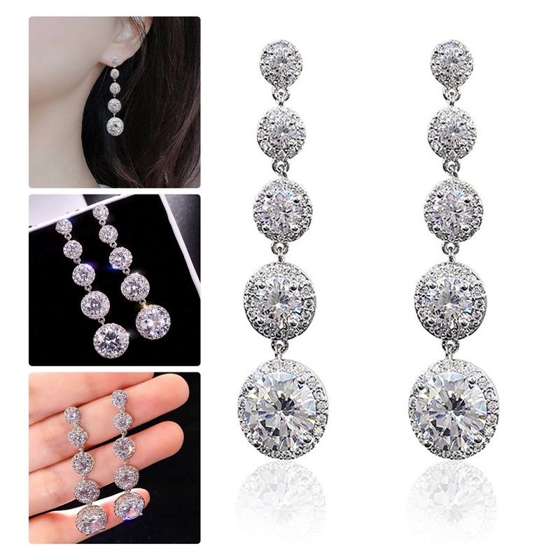 Anting tusuk zircon gantung round 5 tier