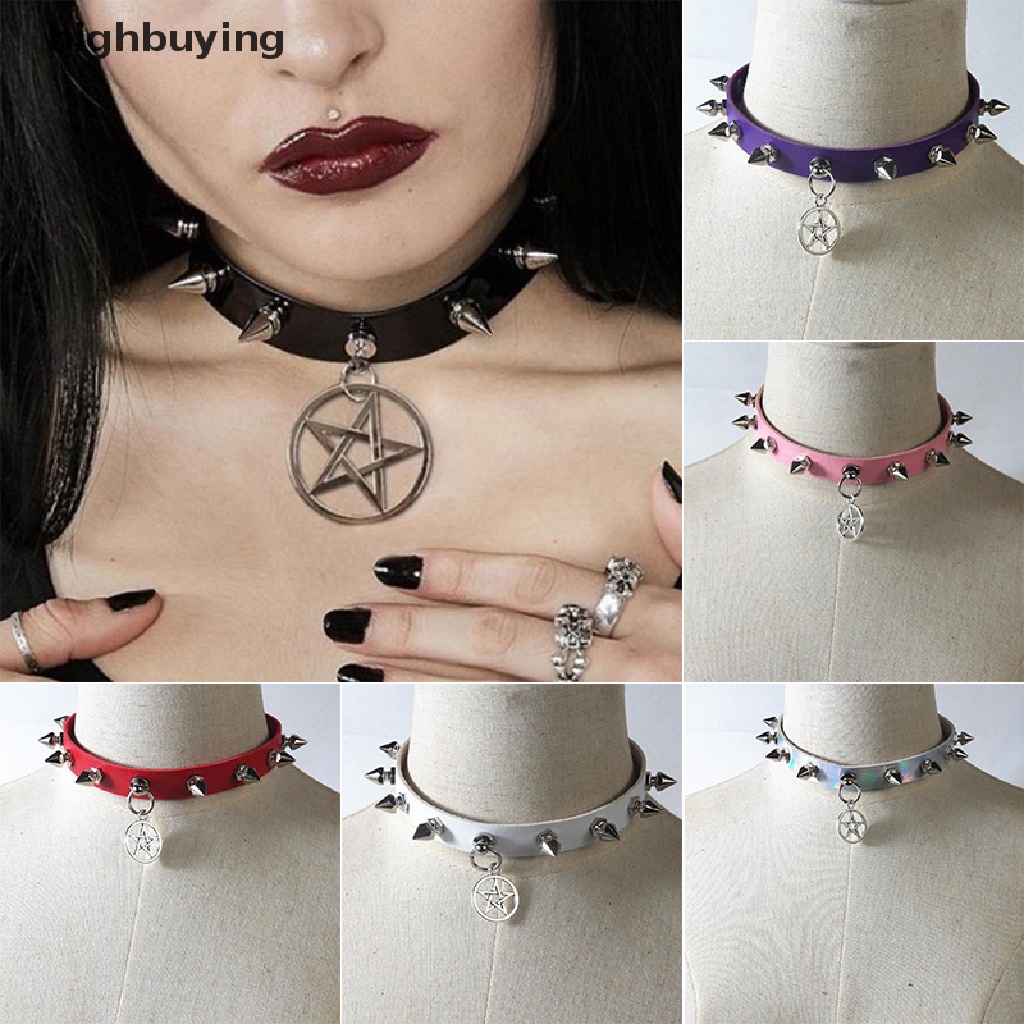 Hbid Kalung Choker Bahan Kulit Aksen Rivet Liontin Bintang Gaya Gothic Punk Sexy Untuk Wanita