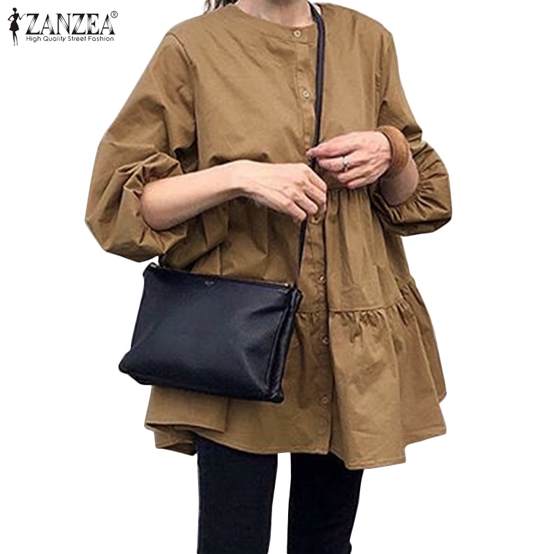 ZANZEA Women Vintage Loose Long Puff Sleeve Casual Pleated Blouse