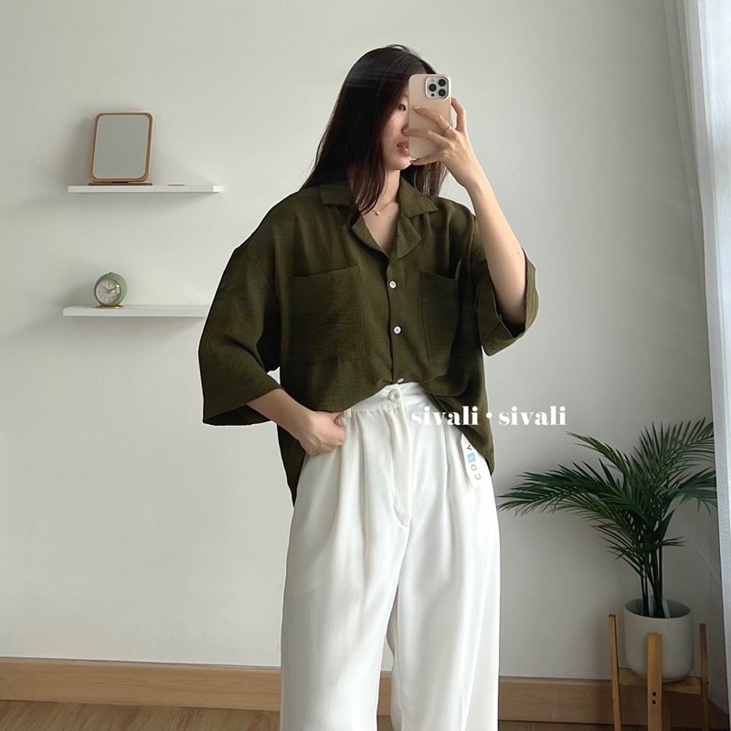 SIVALI Saff Top | Kemeja Loose Crinkle Double Pocket - Oversized Loose Shirt - Atasan Wanita