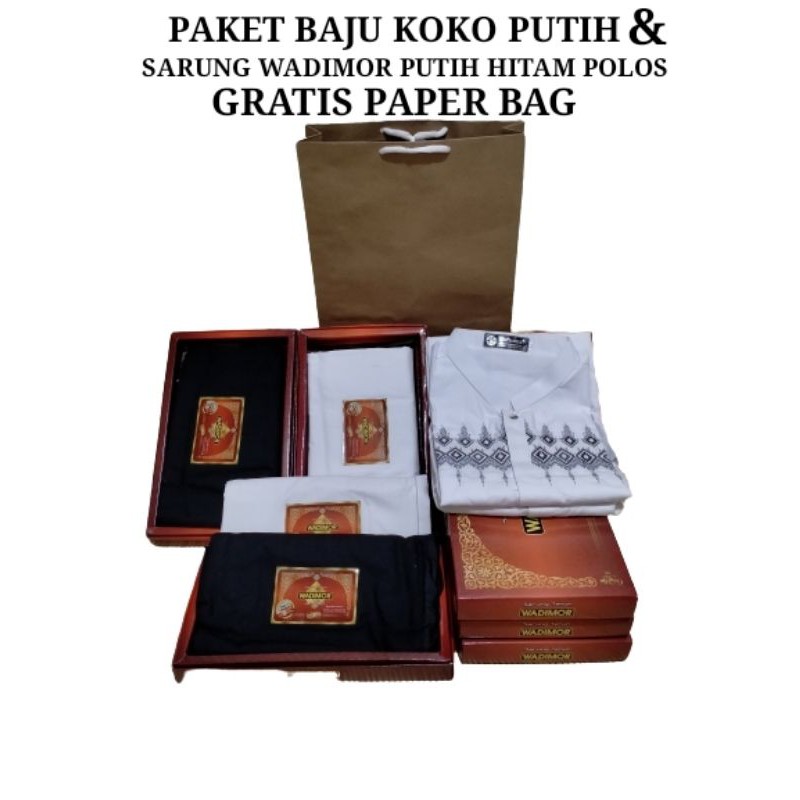 Hampers Baju Koko Putih Dan Sarung Wadimor Hitam Putih Polos
