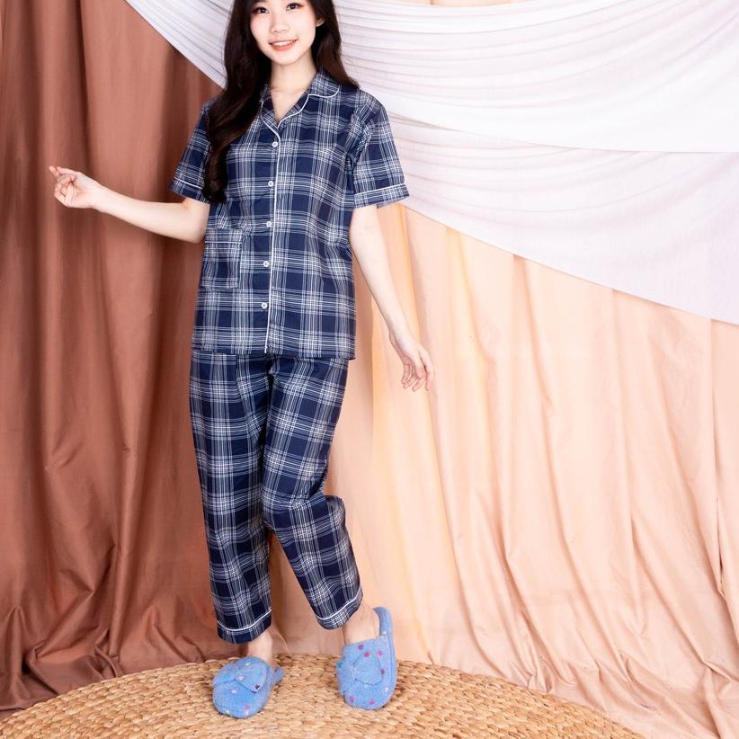 ✤ JNV - CP Piyama Katun Premium - Motif Kotak- Baju Tidur Lengan Pendek ⅍