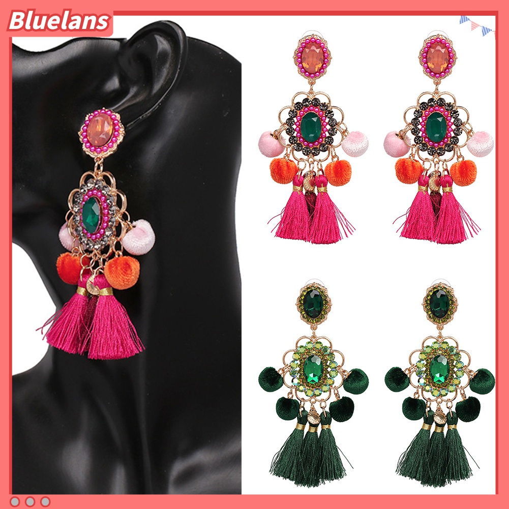 Anting Stud Tassel Pompom Bunga Berlian Imitasi Untuk Wanita