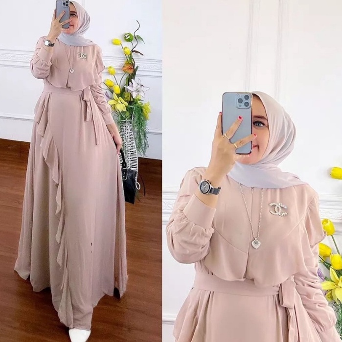 COD - Stela Maxy Dress Muslim Premium Ceruty Lapis Puring Ld 110 Fit S - XL ( Free Bros ) Fashion Gaun Gamis Maxi Polos Wanita Pesta Kondangan Modern Termurah Terlaris-3