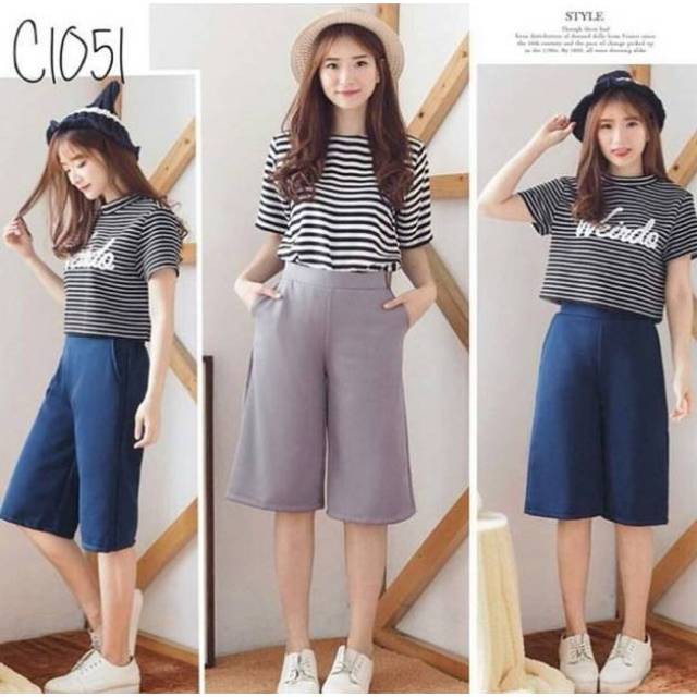 PROMO PAKET 3pcs CELANA KULOT PENDEK CREPE 3/4 &amp; 7/8 POLOS-STRIPE-BLASTER