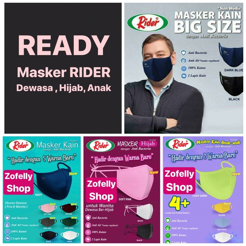 PROMO - Masker Kain RIDER Dewasa, Hijab, Anak Anti Bakteria / Anti Bakteri Original