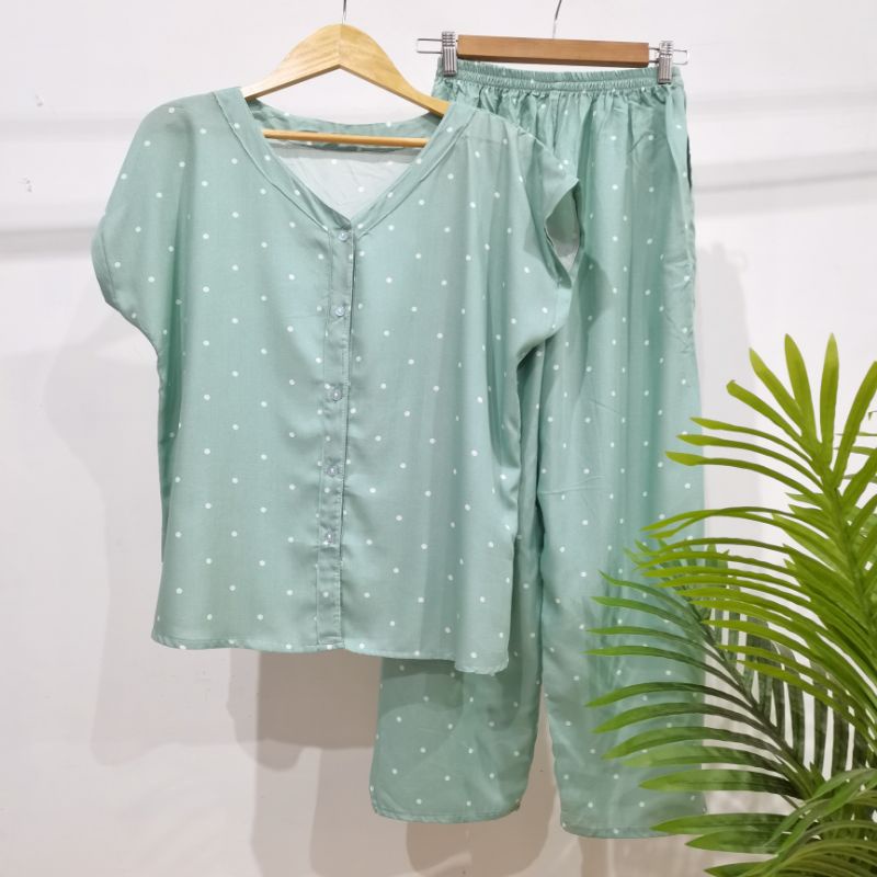 PIYAMA KANCING HITS NON KERAH/V-NECK PIYAMA KANCING BUSUI | PIYAMA RAYON | HOMEWEAR-NK AF