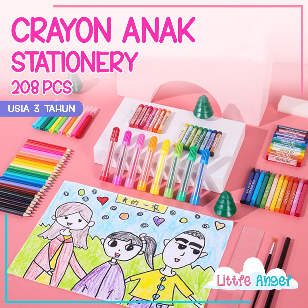 CRAYON ANAK SET 208 Koper Alat Menggambar Mewarnai Mainan Edukasi Bayi Balita Krayon Pastel Set Lengkap Aman Pensil Warna Spridol Kertas Papan Buku Gambar Murah