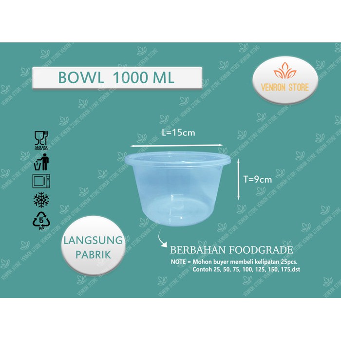 Thinwall Bowl 1000 ml Kotak Makanan Cup Puding Mangkok Plastik (25pcs)