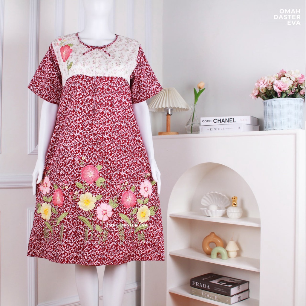 Daster Pendek Maroon White Bordir Original Omah Daster Eva Busui Friendly