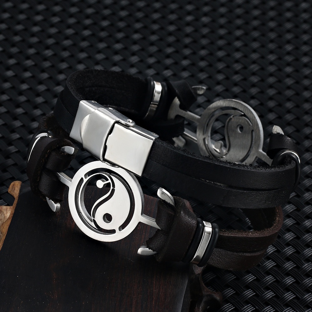 Gelang Kulit Kepang Yin Yang Stainless Steel Gaya Vintage Untuk Pria