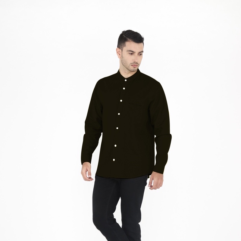 Yobebee Kemeja Pria Dewasa Linen Tangan Panjang Baju Muslim Atasan Polos Slim Fit Kemeja Koko Chiangi Kerah Laki Laki Baju Couple Anak dan Ayah-Hitam