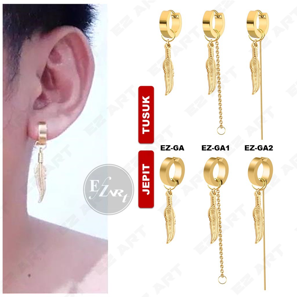 1Pc Model EZ-GA Gold Emas Anting Pria dan Wanita Jepit Tusuk Variasi Bandul Bulu Feather KPOP Punk