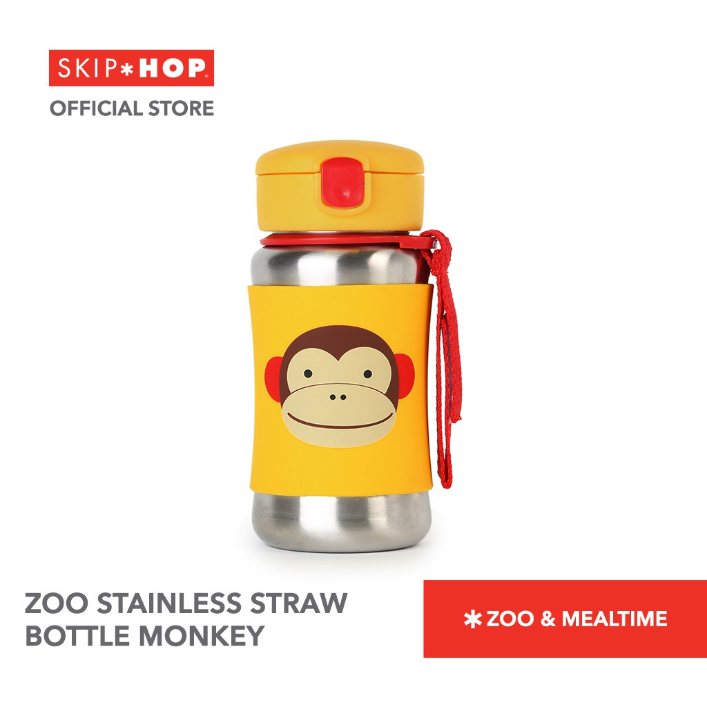 SKIP HOP Zoo Stainless Straw Bottle  (3Y+) Dengan Strap / Botol Minum Anak Stainless Steel  / Anti Karat/ SKIPHOP ZOO / SKIP HOP ZOO SS BOTTLE / Botol Minum Sekolah anak / anti tumpah/ Botol minum stainless anak lucu karakter /Tahan Lama Panas dan Dingin