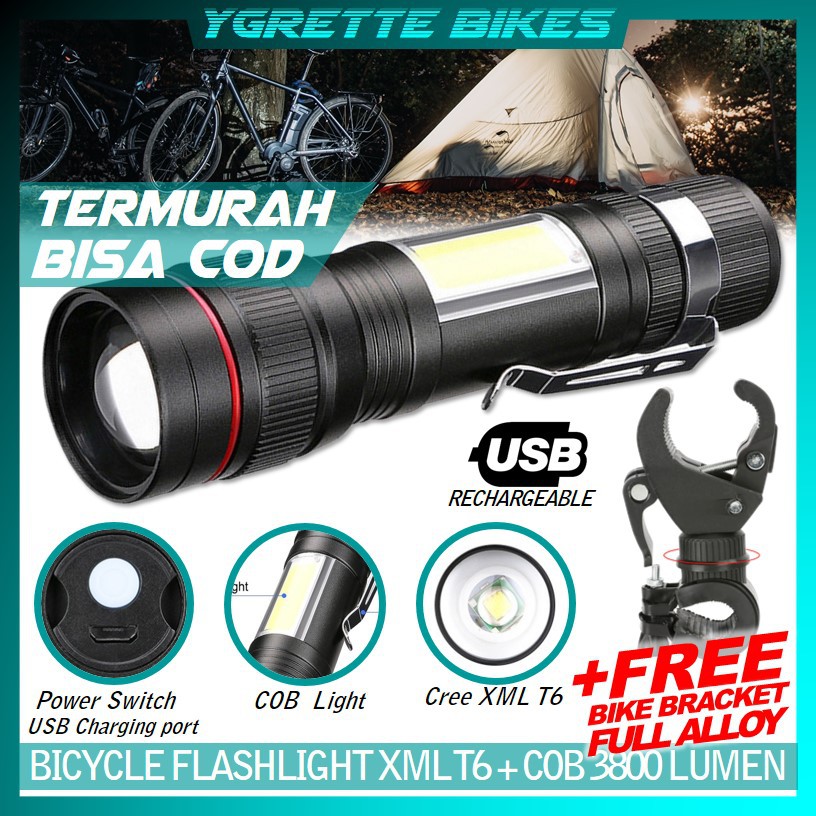 YGRETTE - Albinaly Senter LED USB Rechargeable XML-T6 + COB 3800 Lumens CAMPING TOURING