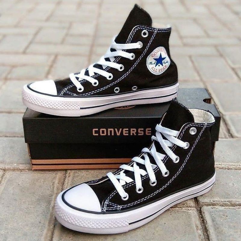 SEPATU CONVERSE HIGH BLACK WHITE HITAM PUTIH SNEAKER SEKOLAH KERJA KULIAH PRIA WANITA CEWEK COWOK KADO HADIAH BERKUALITAS TERJANGKAU AWET