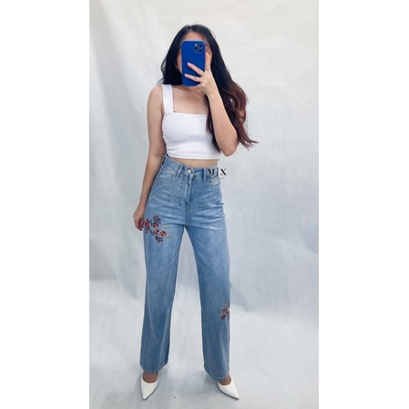 JEANS HIGHWAIST IMPORT CELANA PANTS WANITA CEWEK CULLOTE HW BAGGY DENIM FLORAL MX894