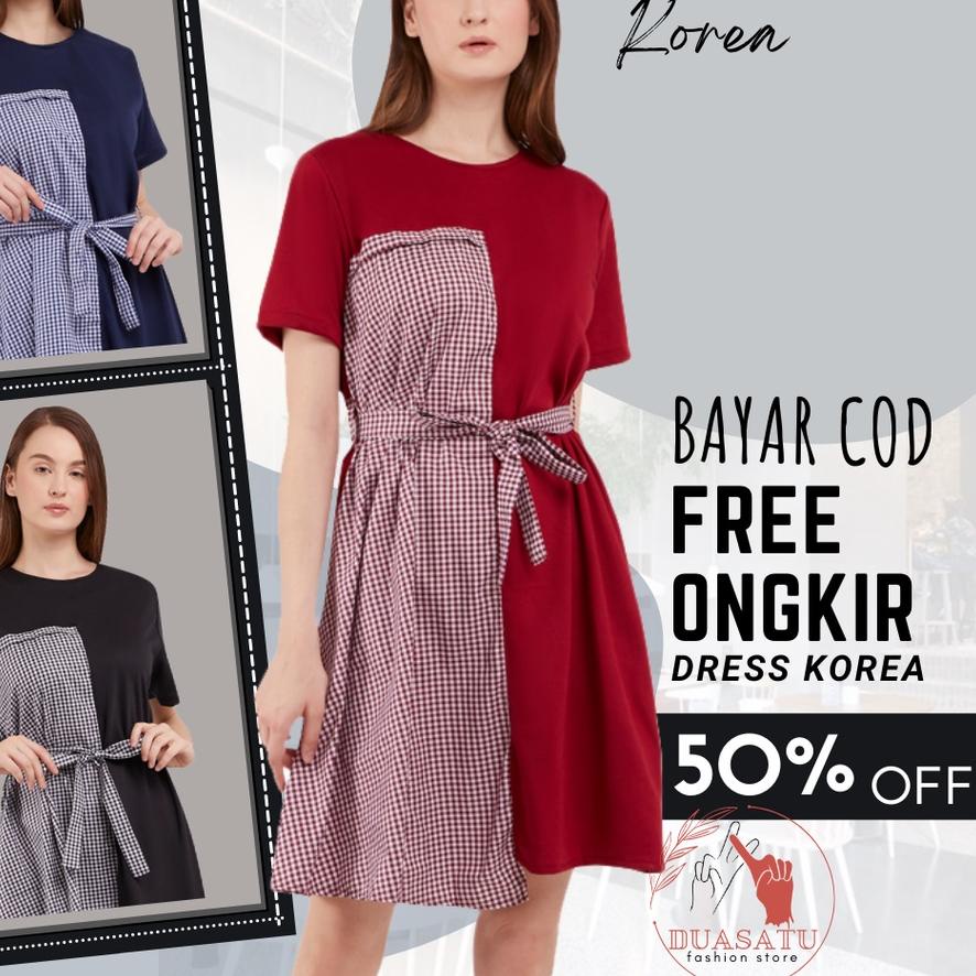 Termurah KODE-764 Midi Mini Dress Dres Rok Gaun Midi Lengan Pendek Hitam Maroon Navy Polos Wanita