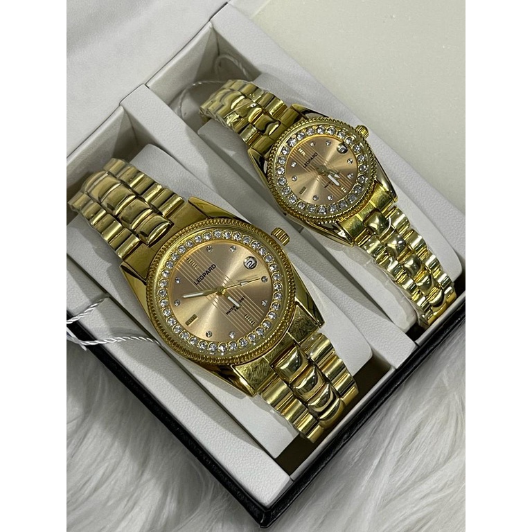 (SS)  Jam Tangan Couple Pria/Wanita Leopard Original Tgl Aktif Strap Rantai LP-3250