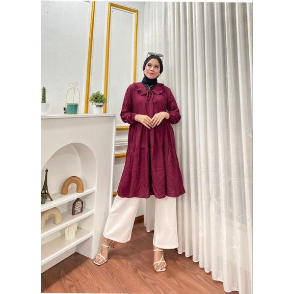 ATASAN TUNIK Zahra LENGAN PENDEK, ATASAN MIDI WANITA RAYON KEKINIAN