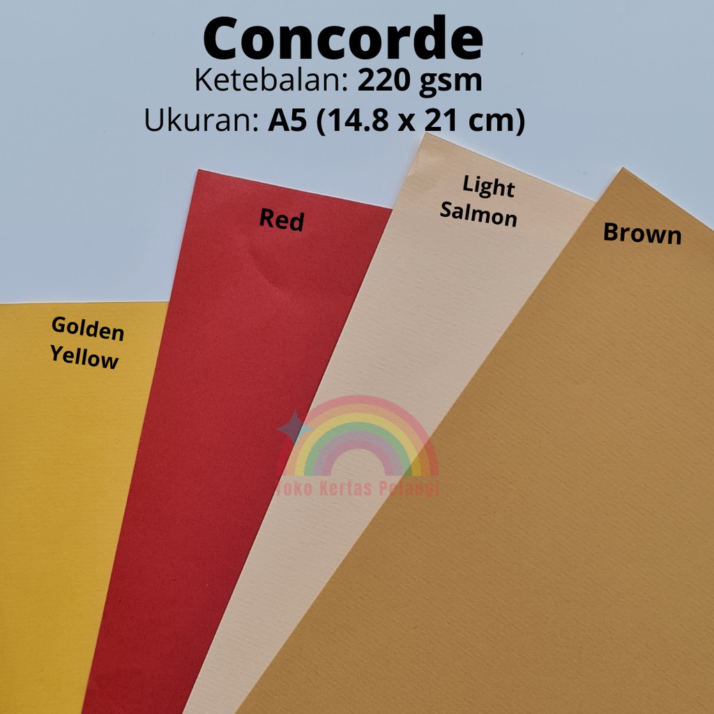 

Karton Concorde 220 gsm Ukuran A5 per 100 pcs ( Warna Khusus)