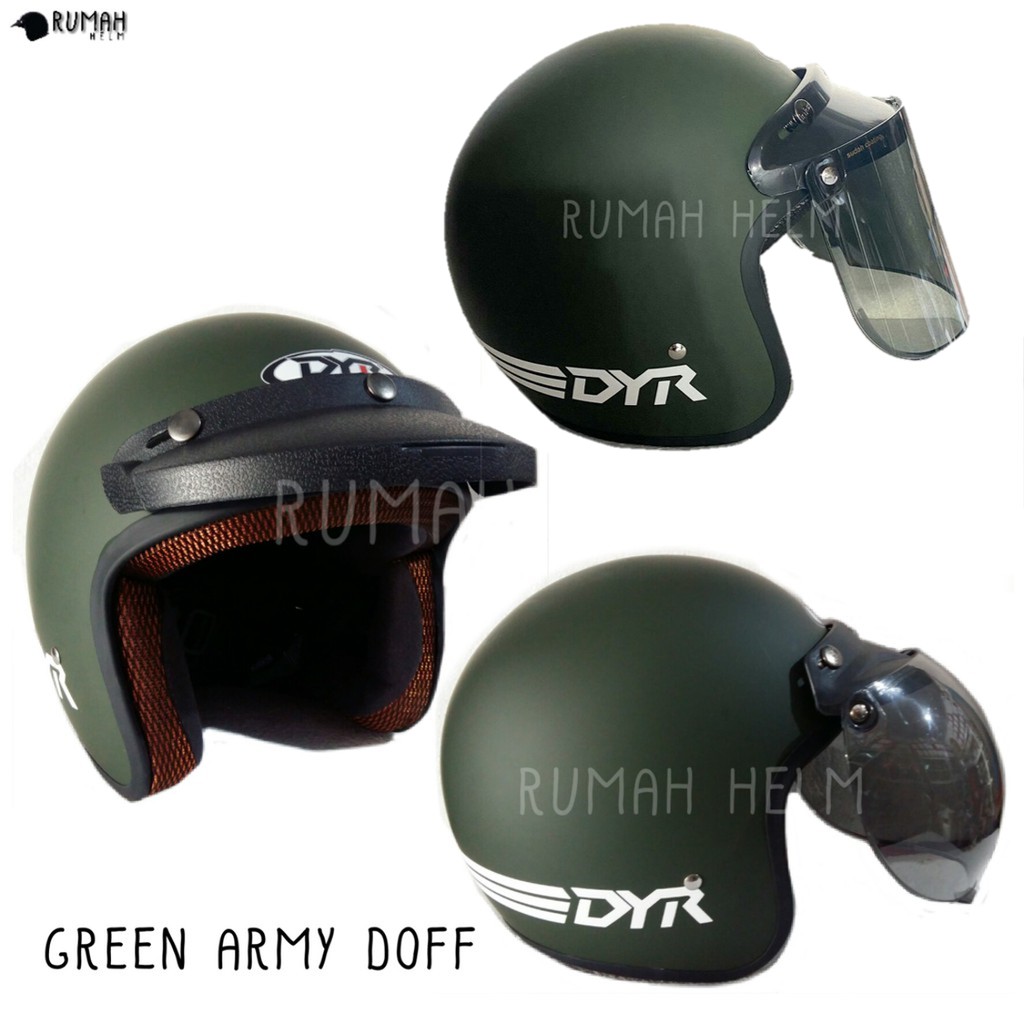 Helm Retro Bogo DYR Tiga Garis Solid Polos Warna Pet Kaca Datar Cembung