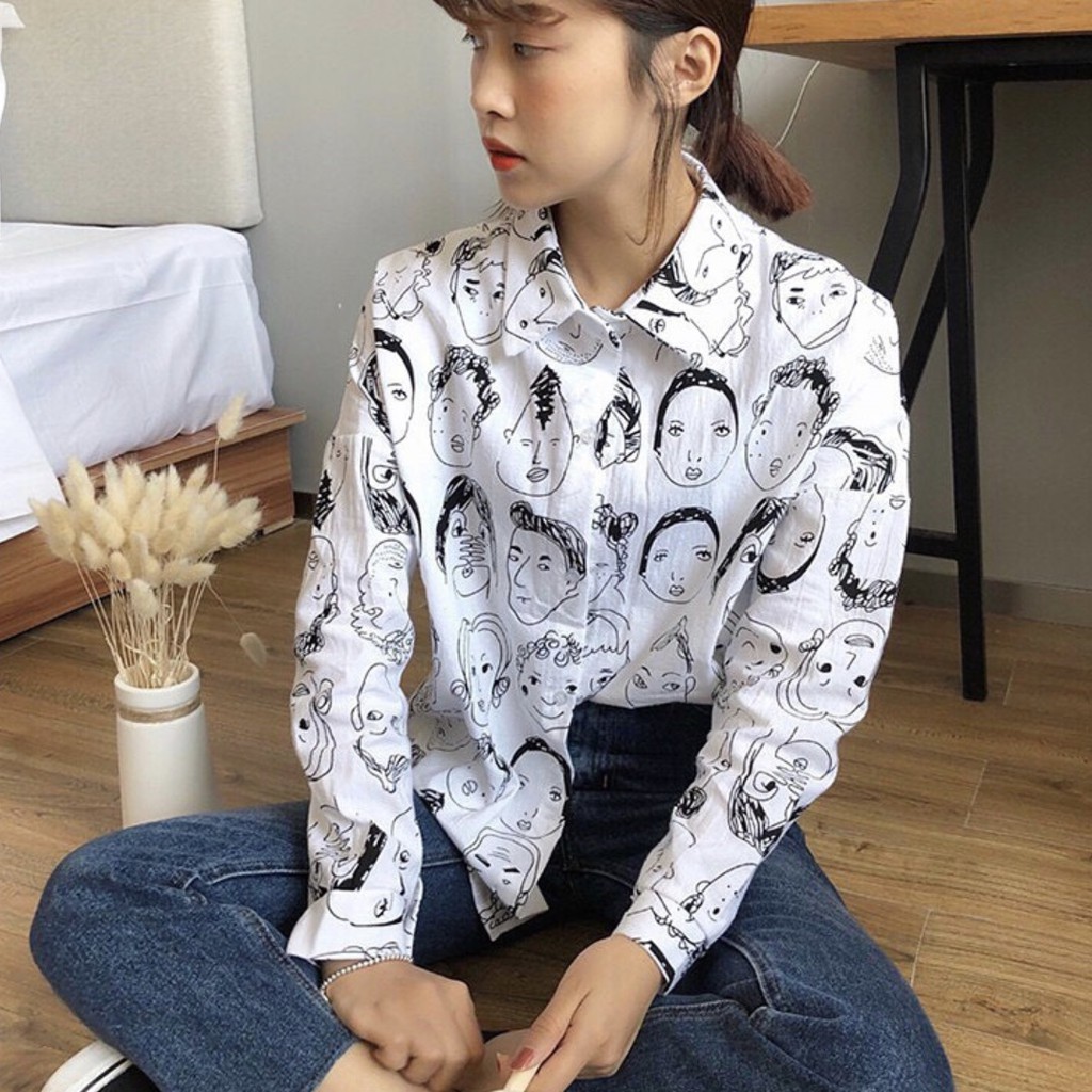 [ 𝐂𝐫𝐨𝐜𝐮𝐬 ] Kemeja wanita retro korea Face mix Wolfis-2