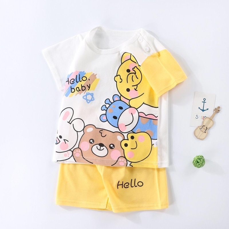 Setelan Anak Bahan Katun Premium Baju Setelan Anak unisex Gambar Hello Bear Baju Santai Anak Baju Setelan Anak Murah Bahan Katun Adem dan Nyaman