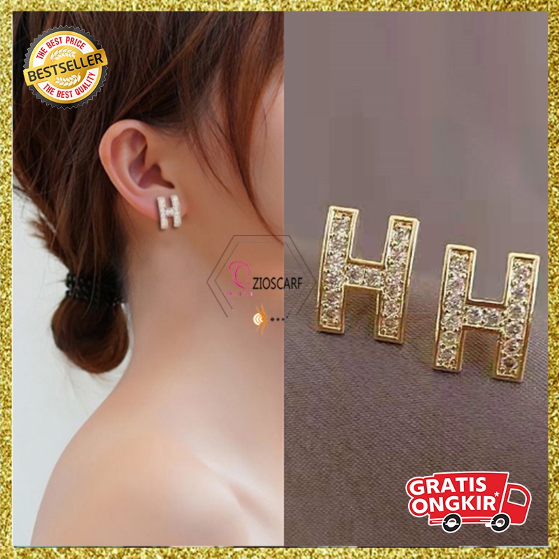 ANTING KOREA TITANIUM RETRO ELEGANT H DIAMOND ANTING TUSUK ANTI KARAT GIWANG AKSESORIS FASHION ANAK PEREMPUAN ANT54