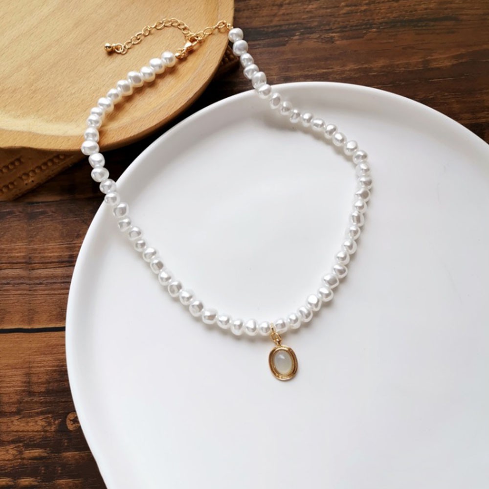 Kalung Choker Wanita Desain Geometri Oval Hias Mutiara Imitasi Gaya Minimalis Untuk Pernikahan
