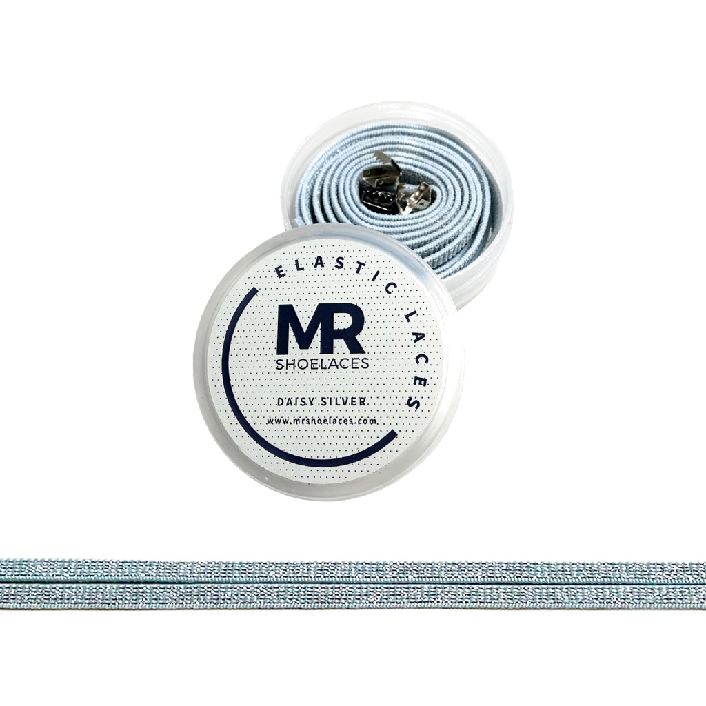 Original MR Shoelaces SR01 Elastic Daisy Silver Tali Sepatu Flat Elastis (Karet Lentur) with Metal Clip / Lock 80cm 100cm 120cm 150cm - Premium Shoelace