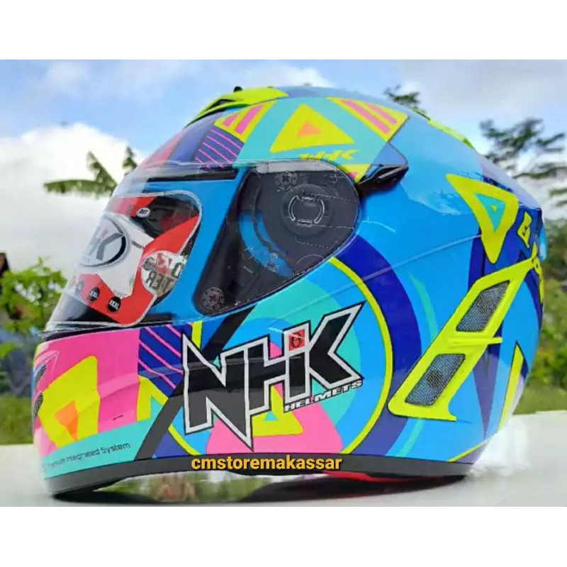Helm NHK Terminator Pigment Pink Blue Full Face Double Visor Kacamata Dalam SNI DOT