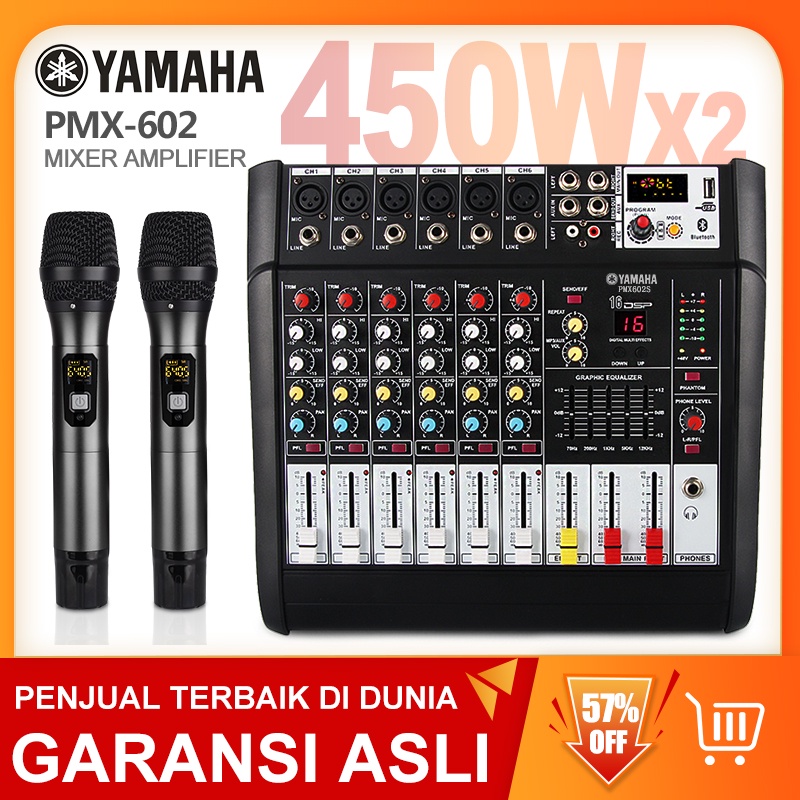 PMX602 Audio mixer Power amplifier wireless microphone 3 in 450W dua saluran mixer 6 saluran Mendukung pemutaran Bluetooth/USB/MP3 Cocok untuk keluarga, KTV, bernyanyi di luar ruangan