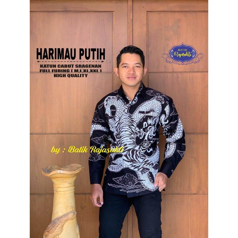 Kemeja batik macan putih batik pria lengan panjang naga harimau putih bahan katun halus premium