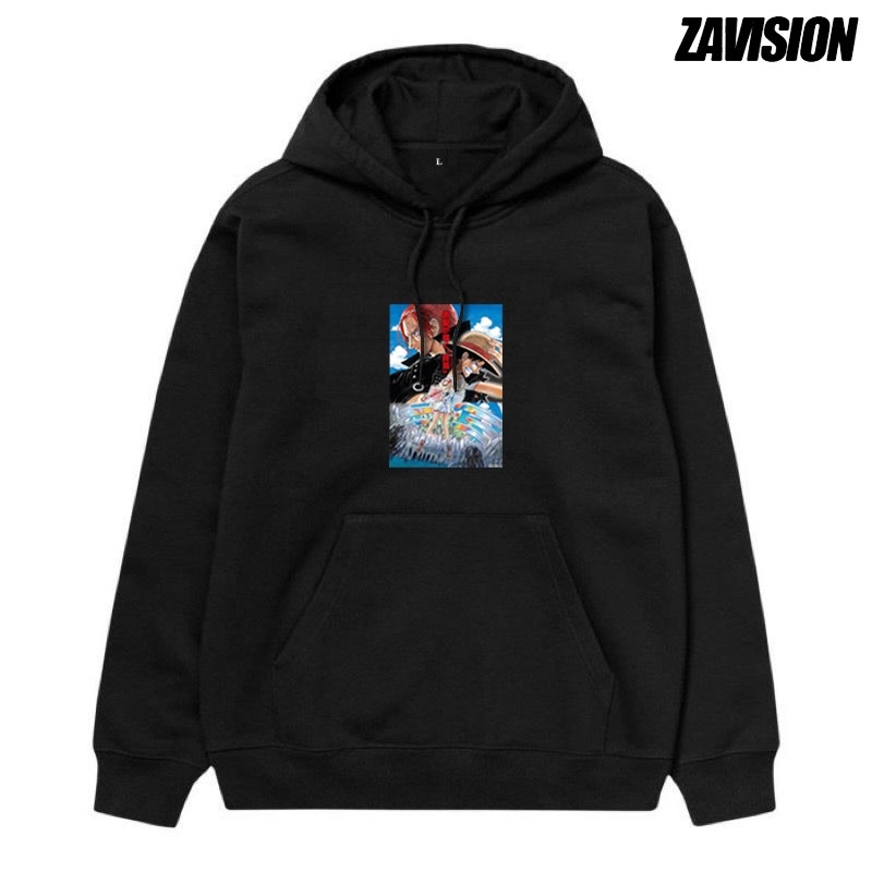 ZAVISION hoody hitam one piece red crewnek one piece