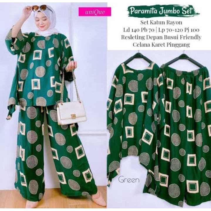 Paramitha Set Jumbo - One Set Jumbo Katun Rayon Tidie Premium Busui Setelan Wanita Waka Waka Set Celana Panjang Bigsize LD 140 cm