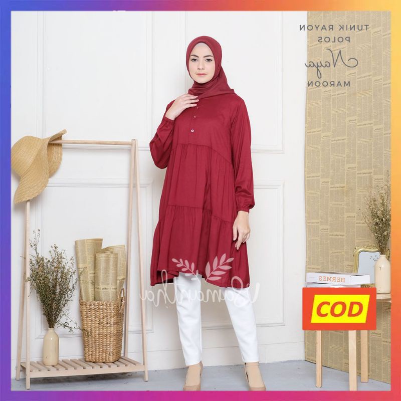 Nanoystore Tunik Muslim Polos Lengan Panjang Motif Rempel Bahan Rayon Premium Warna Maroon