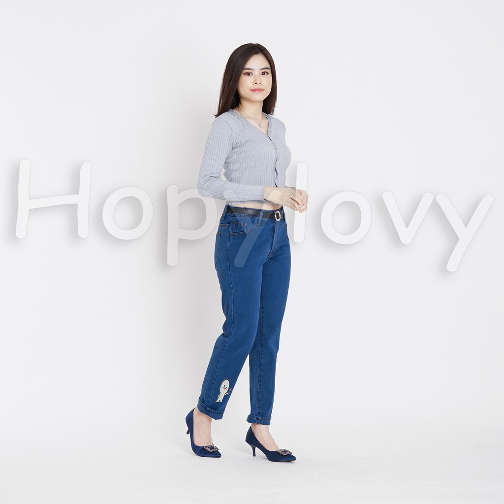 HOPYLOVY - Celana Boyfriend Jeans Wanita Printing Biu