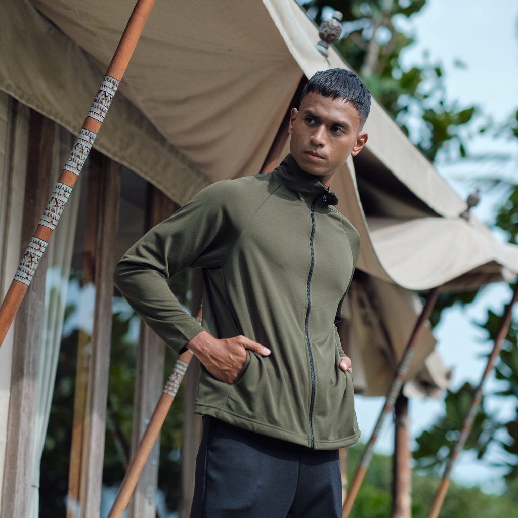 DONSON Sportswear Jacket atau Jersey Olahraga dan Kasual dengan Zipper Sleting Panjang dan Kantong Warna Army