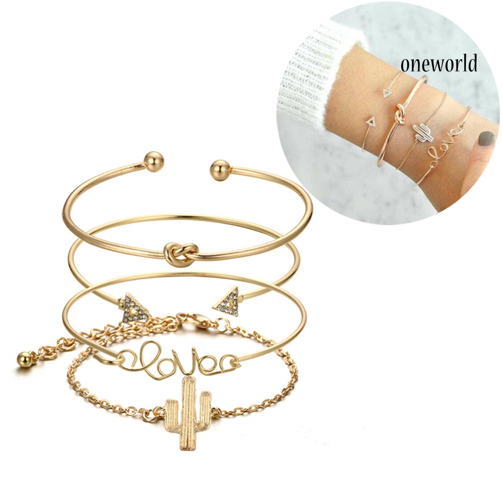 OW@ 4Pcs/Set Vintage Knot Cactus Wrist Bangle Women Bracelet Charm Jewelry Decor