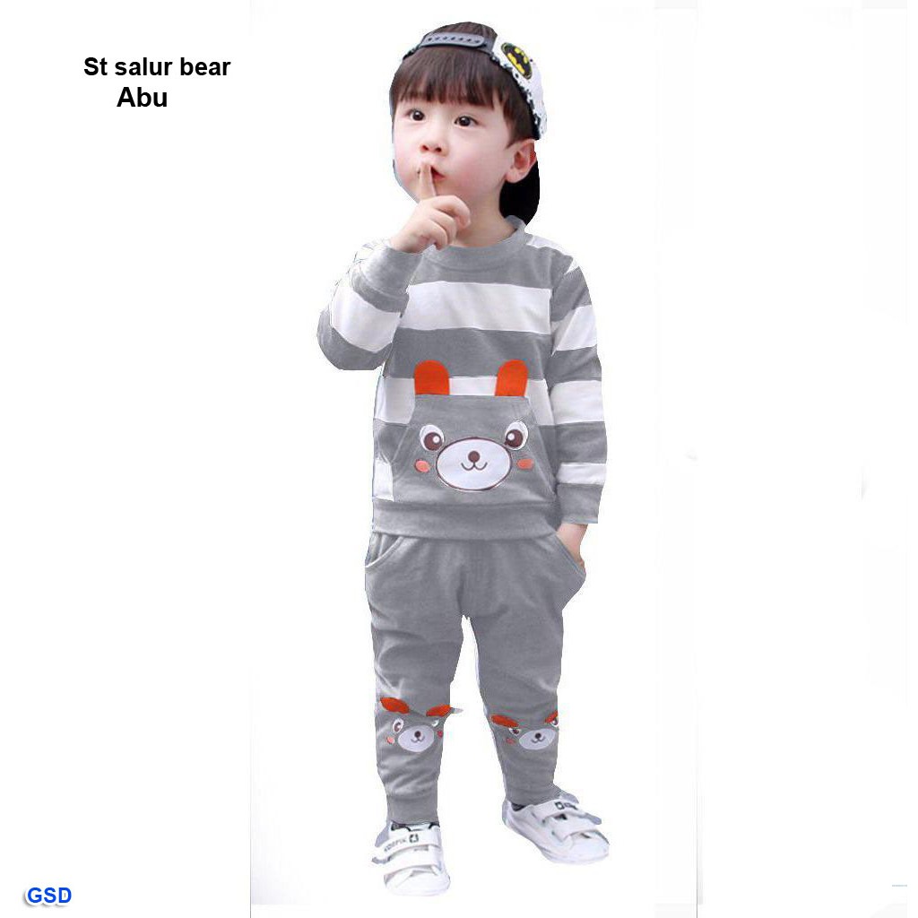 St salur bear/setelan baju celana anak motif beruang/Stelan celana salur anak laki lucu casual murah