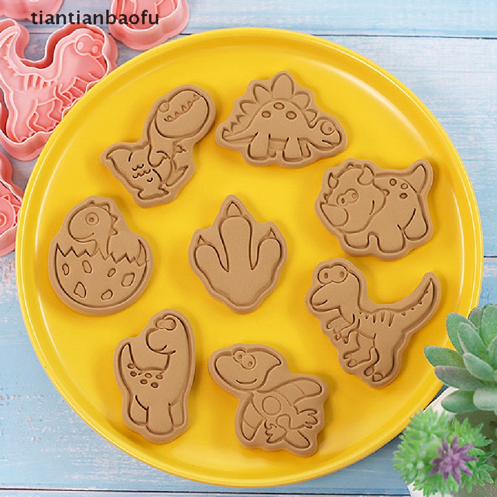 8 Pcs Cetakan Pemotong Kue / Biskuit Bentuk Dinosaurus Bahan Plastik