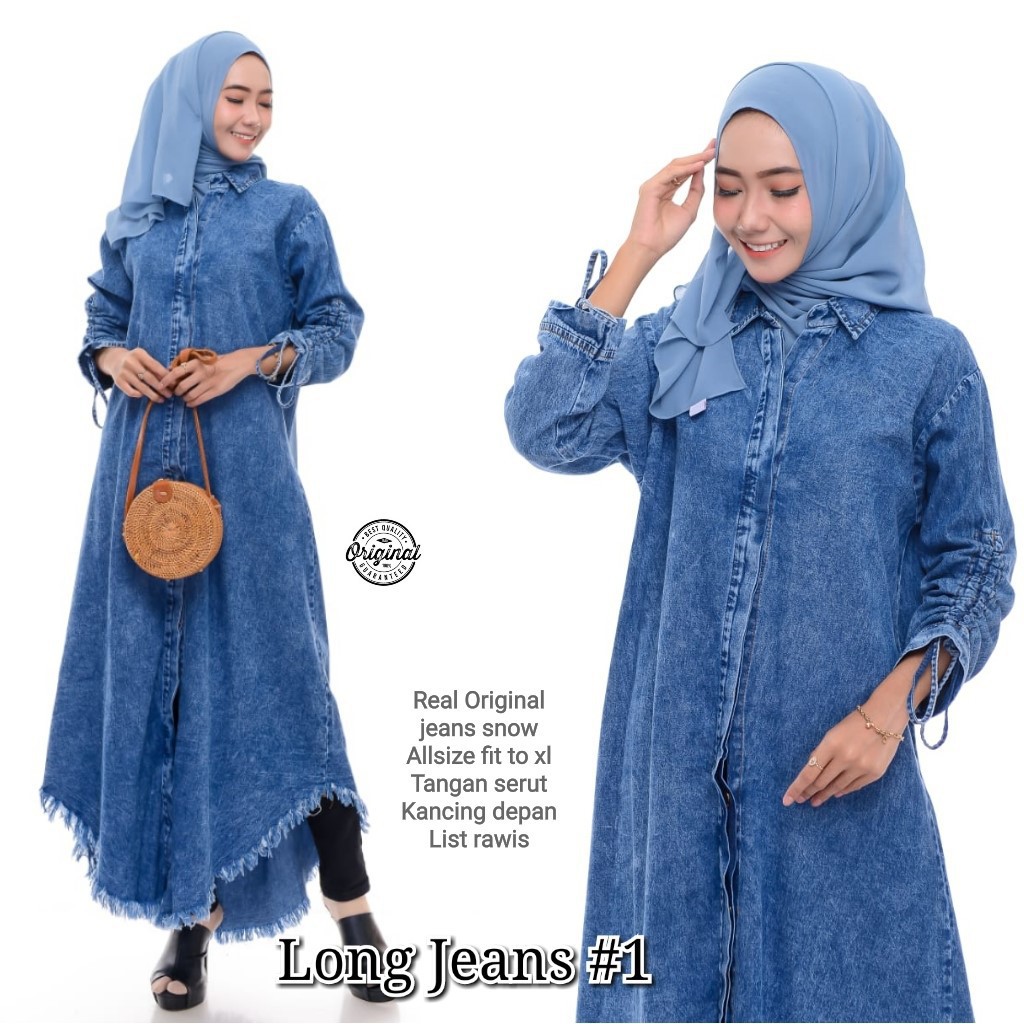 Snow Long Tunik Jeans Rawis Atasan Wanita Muslim Lengan Serut Terbaru