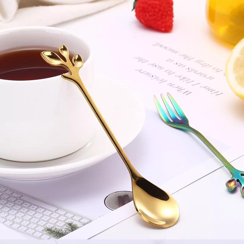 sendok garpu kecil motif daun / leaf coffee tea spoon fork stainless dessert / sendok garpu teh kopi kue buah